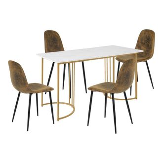 Urban Meuble Juego de mesa de comedor de m&aacute;rmol blanco con 4 sillas marrones