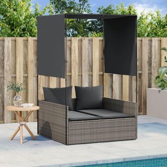 vidaXL Tumbona Doble Con Techo Y Cortinas Rat&aacute;n Sint&eacute;tico Gris Vidaxl
