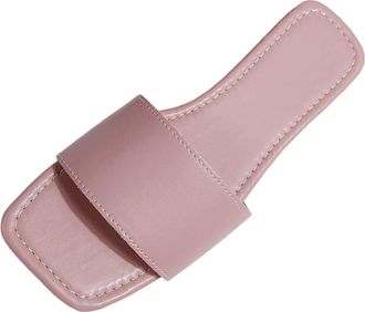 Generic Womens Sandals & Slides UK Faux Leather Flat Sandals Open Square Toe Slip On Slippers Outdoor Peep Toe Pool Beach Sandal Solid Color Backless Mules Fa