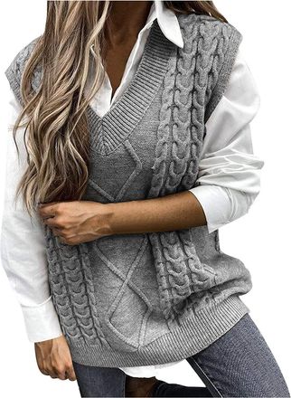Generic Womens Sweater Vest Stylish Vintage V Neck Chunky Knitted Sleeveless Jumpers Grey