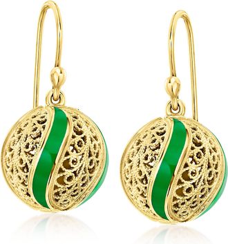 Ross-Simons Green Enamel Filigree Ball Drop Earrings in 18kt Gold Over Sterling