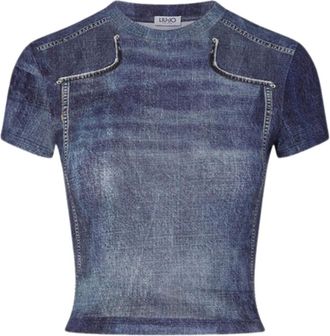 Liu Jo T-shirt Cropped Effetto Denim - female - Liu Jo - T-Shirts - Blue - M - Tops
