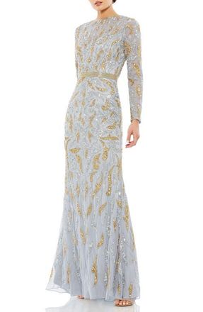 Mac Duggal Abstract Beaded Long Sleeve Evening Gown in Platinum Gold at Nordstrom, Size 10