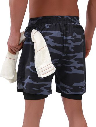 Feoya Mens Swimming Shorts with Pockets Quick Dry Swim Trunks 2-in-1 Gym Sport Shorts with Compression Liner Camouflage Summer Beach Swimwear Boxers Drawstr
