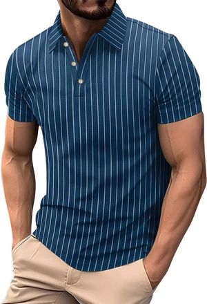 Generic Mens Polo T-Shirts 3 Buttons Summer Casual Golf Shirts Mens UK Items Short Sleeve Collared Sports Workout Top Striped Comfy Tshirts Beach Holiday Tee 