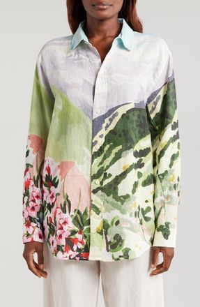 Desmond & Dempsey Landscape Linen Pajama Button-Up Shirt in Hutte Placed Multi at Nordstrom, Size Medium