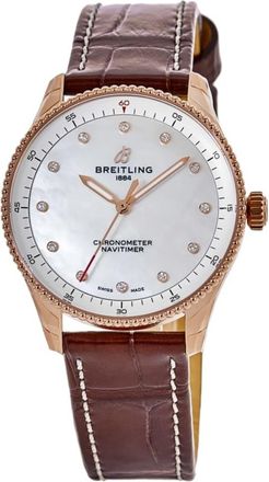 Breitling Navitimer 32 18kt Rose Gold Pearl Diamond Dial Leather Strap Womens Watch R77320E61A1P1