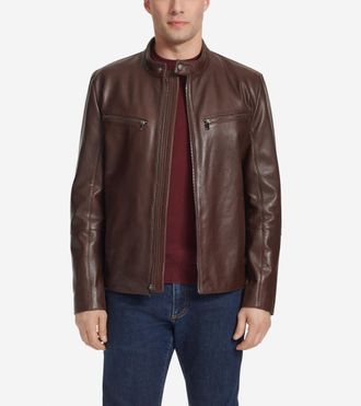 Cole Haan Mens Classic Zip Front Moto Jacket - Brown Size Medium