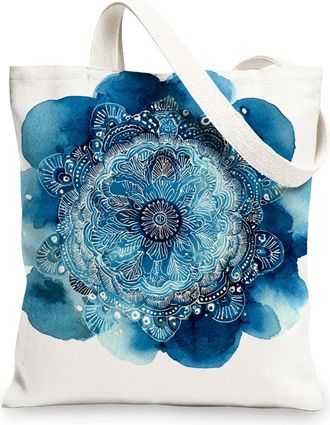 Generic Mandala Canvas Tote Bags, Artistic Floral Watercolor Pattern Reusable Shopping Bags, Elegant Lightweight Washable Shoulder, Blue, 13x15 Inch