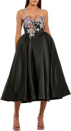 Mac Duggal One Shoulder Satin Midi Dress With Beaded Flowers in Black Multi at Nordstrom, Size 10