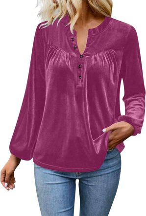 Generic Velvet Tops for Women Elegant Button Down V-Neck Blouse Casual Dressy Long Sleeve Velour Shirts Puff Pleated Tops Work Office Shirts Ladies Slim Fit C