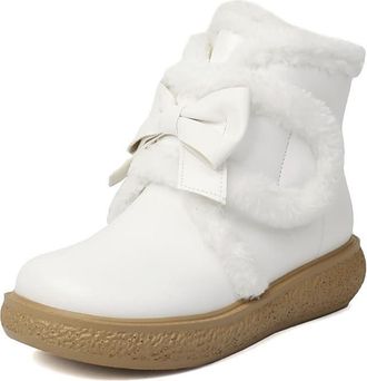 Generic Womens Platform Heel Short Boots with Bow Round Toe PU Leather Winter Ankle Boots Pull on Lolita Shoes,White,4.5 UK
