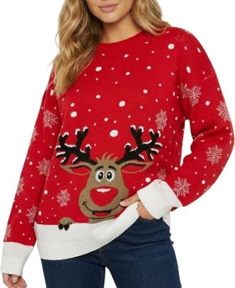 Janisramone Womens Christmas Jumpers, Novelty Xmas Jumper, Knitted Reindeer Merry Christmas Sweater, Long Sleeves Crew Neck Rudolph Christmas Jumper for Women Pul
