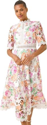 Roman Womens Floral Lace Midi Dress - White - Size 16 UK