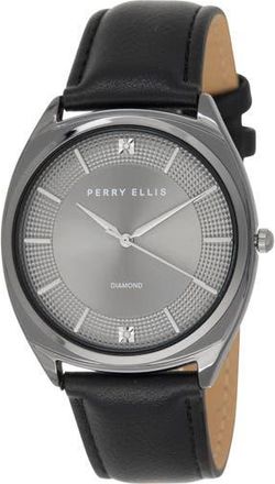 Perry Ellis Gunmetal Bezel Diamond Accent Leather Strap Watch, 41mm at Nordstrom Rack