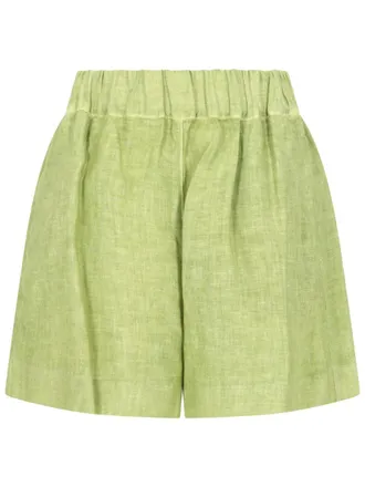 120% Lino Green Gathered Waist Linen Shorts