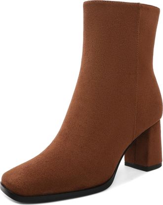 EDEFS Womens Suede Brown Square Toe Ankle Boots - 3 Inches Block Heel Suede Brown Ankle Booties for Women Office & Fashion Wear UK3