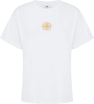 Elisabetta Franchi Tops, Dames, Wit, L, Katoen, T-shirt met logoplaquette