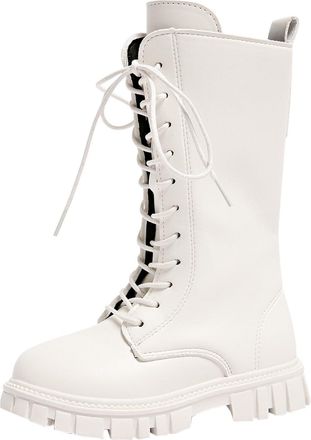 Generic Girls Knee-High Demon Boots Lace Up Warm Plush Lined Mid Calf Easy to Put On Long Boot School Shoes Walking Bootie Non Slip Waterproof Pu Leather Side