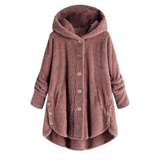 Generic Plus Size Fleece Bed Jacket for Women Soft Fuzzy Button Hooded Lightweight Winter Lounge Coat Outerwear (Pink,XXL)
