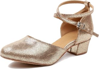 Minitoo Women Dance Shoes Closed Toe Party Evening Wedding Pumps with Ankle Strap L243 Gold 3.5cm Heel UK 5.5