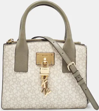DKNY Dkny Grey/beige Signature Coated Canvas And Leather Padlock Charm Tote