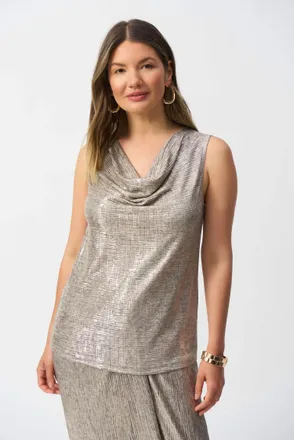 Joseph Ribkoff Foiled Knit Cowl Neck Sleeveless Top In Beige/gold