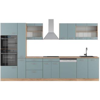 Vicco Cocina R-Line, Roble azul-gris-dorado, 350 cm con armario alto, et Roble