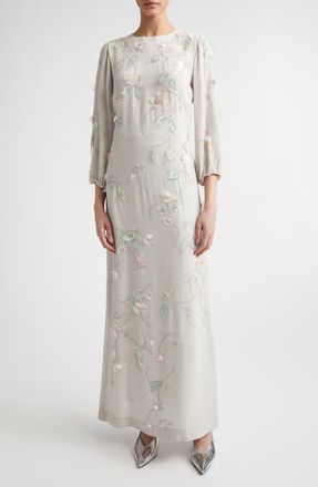 Bernadette Berna Embroidered Crinkle Maxi Dress in Clematis Embroidery On Pearl at Nordstrom, Size 6 Us