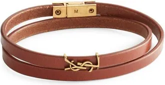 Saint Laurent Logo Thin Double Wrap Leather Bracelet in Copper Brown/Light Bronze at Nordstrom, Size Medium