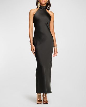 Ramy Brook Tatiana Low-Cut Halter Column Gown