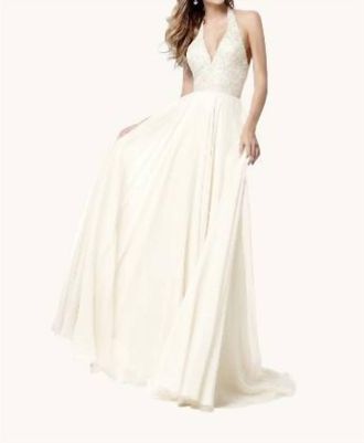 Sherri Hill Sequin Halter Chiffon Gown In Ivory