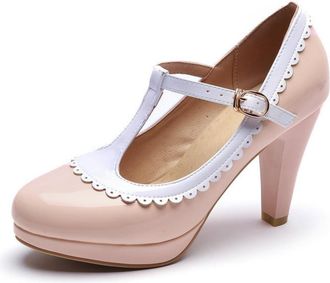 Generic Womens Glossy Patent Leather T-Strap Heels with Two-Tone Color, for Office, Party and Daily Wear,Pink,1.5 UK