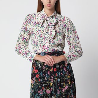 Gucci Camicia in seta stampata con fiocco avorio/rosa