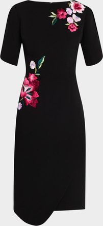Teri Jon Floral-Embroidered Crepe Dress