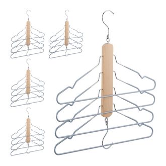 Relaxdays Set 5 Perchas Ahorra Espacio Con Varilla Pantalones, 4 Colgadores Madera Y Metal, Antideslizantes, Natural Y Gris