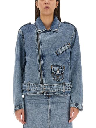 Moschino Blue Solid Shirt Collar Jacket