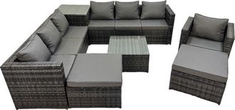 Fimous Fimous 9 Seater Garden Outdoor Rattan Furniture Set Patio Corner Sofa Coffee Table with Side Table 2 Big Stool Dark Grey