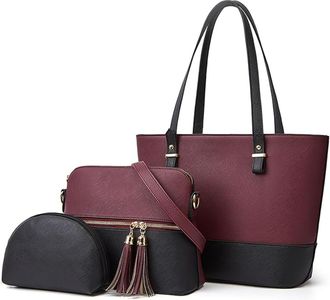 Generic Womens Large Capacity Tote Bag, Retro Shoulder Bag with Zipper, 3-In-1 Handbag Lightweight and Spacious, Applies to Work and Shopping (Purple with Bla