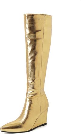 Generic Womens Knee-High Boots Pointed Toe Wedge Heels Stretch Metallic Shiny Fabric Side Zipper Closure Party Night Out Streetwear Shoes,Gold,4.5 UK