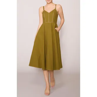 Melloday Contrast Stitched Poplin Midi Dress in Olive at Nordstrom, Size X-Small