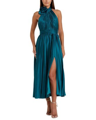 Mac Duggal Pleated Charmeuse High Neck Midi Dress