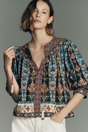 Farm Rio Embroidered Tasseled V-Neck Top