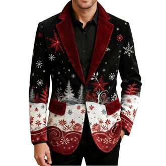 Generic Mens Christmas Blazer Corduroy Jacket Ugly Christmas Blazer Jackets Xmas Festive Costume Slim Fit Single-Breasted Suit Jacket Novelty Xmas Tuxedo Holi