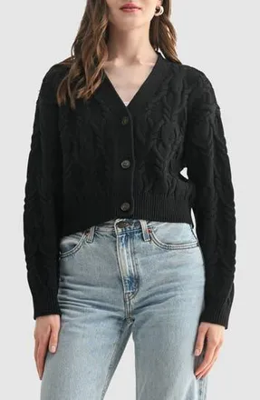 All in Favor Cable Crop V-Neck Cardigan in Black at Nordstrom Rack, Size Small