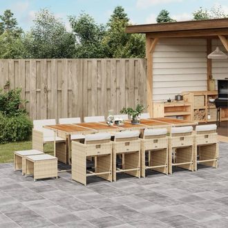 vidaXL Set Comedor De Jard&iacute;n Con Cojines 15 Pzas Rat&aacute;n Sint&eacute;tico Beige Vidaxl