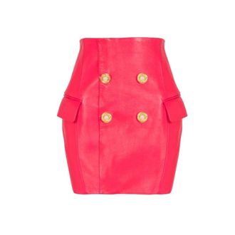 Balmain Leather Skirts, female, Pink, Size: S Fuchsia Leather Mini Skirt with Gold-tone Buttons