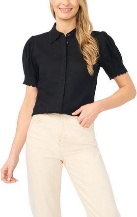 CeCe by Cynthia Steffe Scallop Detail Button-Up Shirt in Rich Black at Nordstrom, Size X-Large