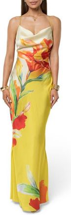 JLUXLABEL Floral Satin Maxi Slipdress in Yellow at Nordstrom, Size Medium