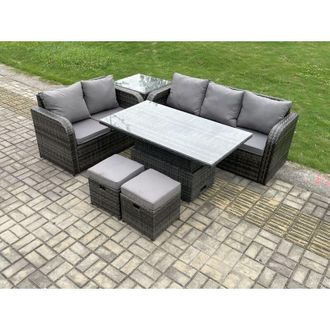 Fimous Fimous Outdoor Rattan Garden Furniture Sets Height Adjustable Rising lifting Dining Table Lounge Sofa Set With Side Table 2 Small Footstools Dark